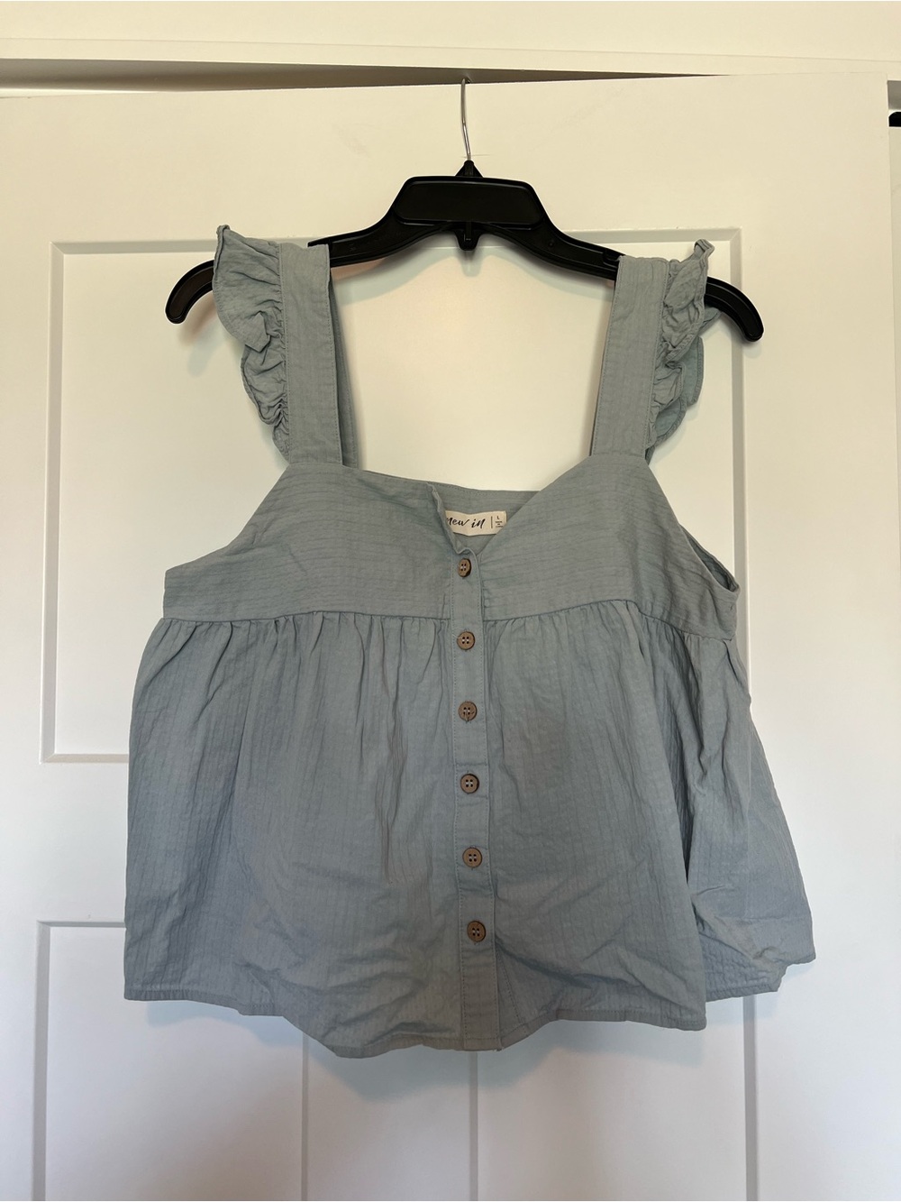 Light Blue Ruffle Strap Button-Front Crop Top - Picture 1 of 7